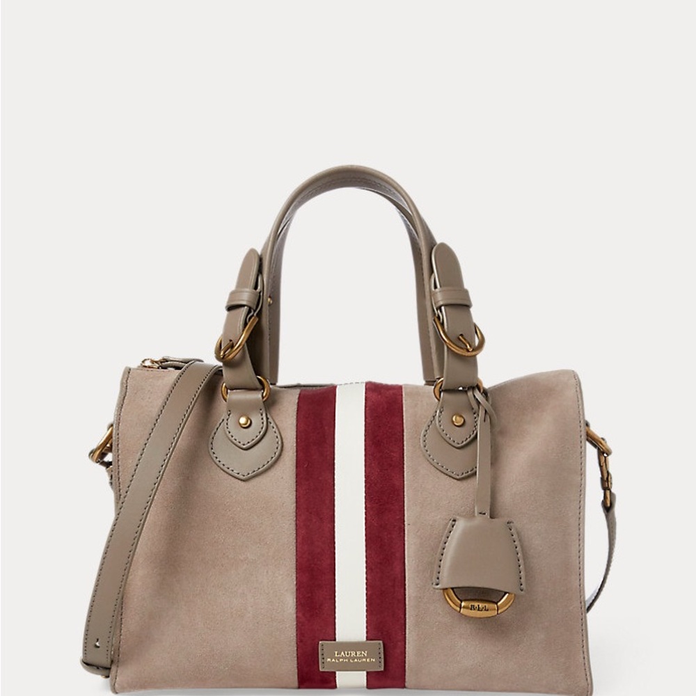 Lauren Ralph Lauren Taupe Suede Satchel with Burgundy & Cream Stripes
